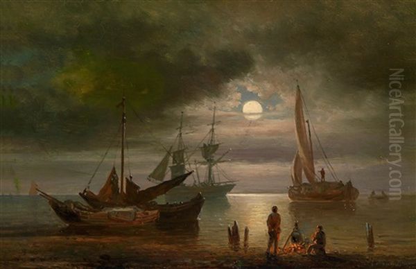 Stille See Bei Mondbeleuchtung In Holland Oil Painting by Elias Pieter van Bommel