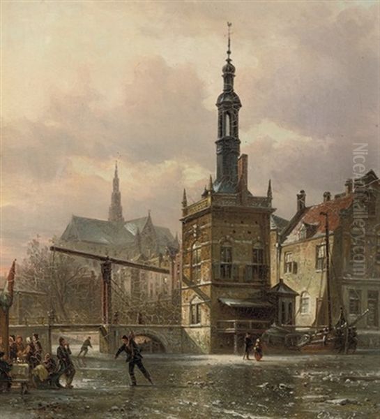 Skaters In Front Of The Accijnstoren Oil Painting by Elias Pieter van Bommel