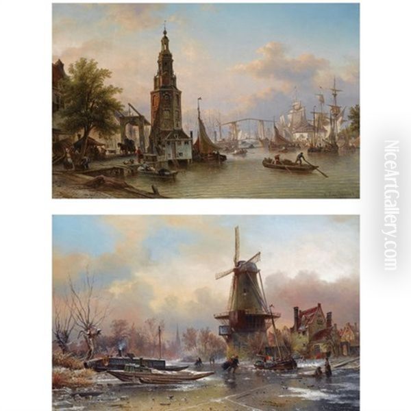 A View Of The Oude Schans With The Montelbaanstoren, Amsterdam (+ A Windmill In A Winter Landscape At Dawn; Pair) Oil Painting by Elias Pieter van Bommel