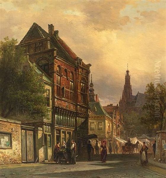 Strasenszene In Alkmaar Mit Groser Figurenstaffage An Einem Sonnigen Tag Oil Painting by Elias Pieter van Bommel