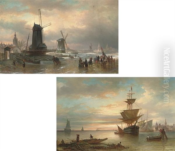 Skating Before Windmills, Amsterdam Beyond (+ Sunrise On The Dutch Coast; Pair) Oil Painting by Elias Pieter van Bommel