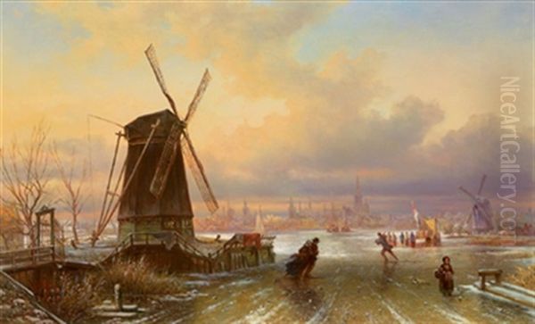 Eisvergnugen Vor Hollandischer Stadtansicht Oil Painting by Elias Pieter van Bommel