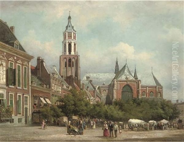 The Market Place With The Eusebius Kerk, Arnhem Oil Painting by Elias Pieter van Bommel