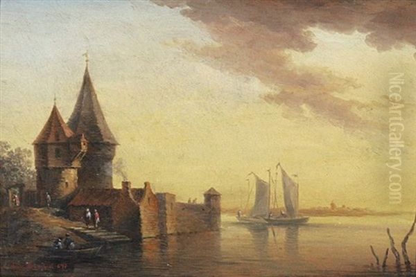 Hollandischer Hafen Mit Wehrturm. Abendstimmung Oil Painting by Elias Pieter van Bommel