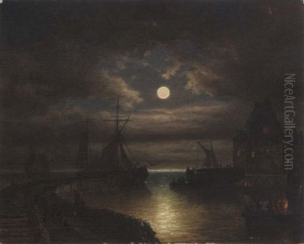 View Of A Harbour At Night Oil Painting by Elias Pieter van Bommel