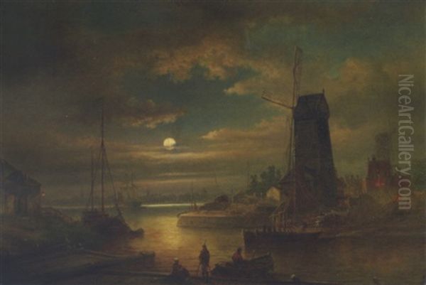 A View Of The Ij By Moonlight, Amsterdam In The Distance Oil Painting by Elias Pieter van Bommel