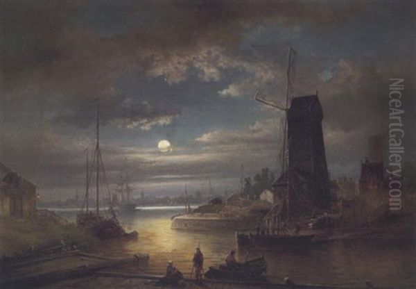 Mondnacht Uber Einer Hafeneinfahrt Oil Painting by Elias Pieter van Bommel