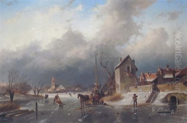 Eislaufer Auf Einem Kanal In Holland Oil Painting by Elias Pieter van Bommel