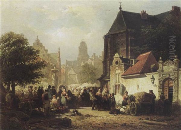 A Busy Market Day On Het Kerkplein In Zaltbommel With The Sint Maartens Chuch In Background Oil Painting by Elias Pieter van Bommel