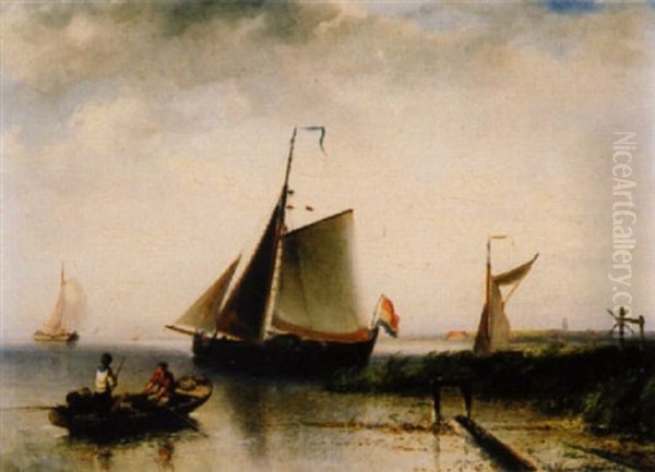 Kustenlandschaft Mit Segelschiffen Und Figurenstaffage, Im Hintergrund Eine Stadt Oil Painting by Elias Pieter van Bommel