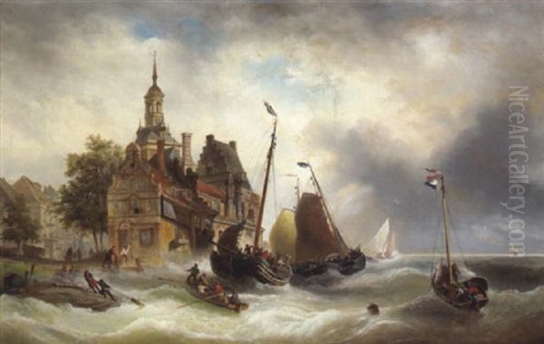 Hafenansicht Bei Bewegter See Oil Painting by Elias Pieter van Bommel