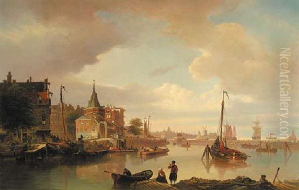 A View Of The Schreierstoren With Figures On The Oosterdokskade And The Zeedijk And The Ij In The Distance, Amsterdam Oil Painting by Elias Pieter van Bommel