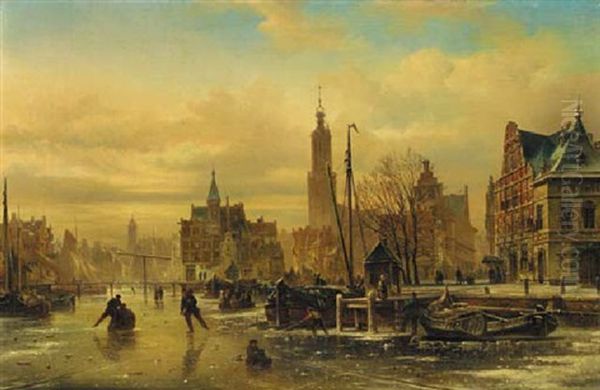 A Town In Winter With Skaters On A Frozen Canal Oil Painting by Elias Pieter van Bommel