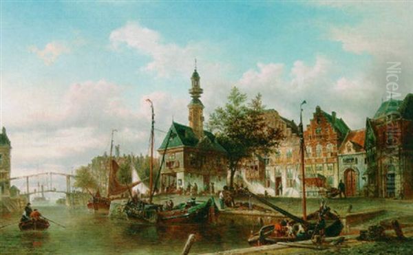 A Canal Scene In Kampen Oil Painting by Elias Pieter van Bommel