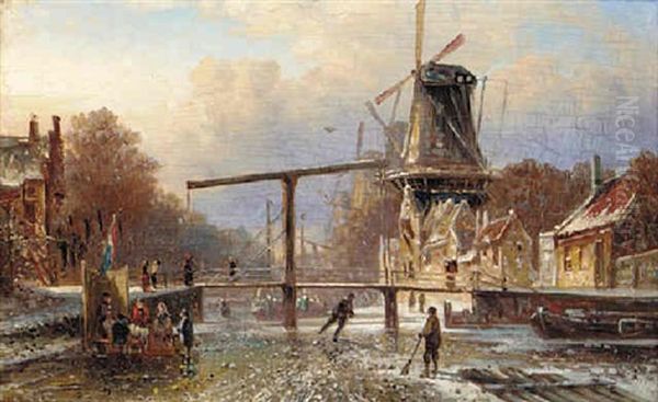 Figures Skating On A Frozen Canal, Windmills Beyond Oil Painting by Elias Pieter van Bommel