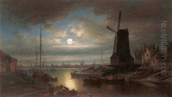 Nederlandse Stad Bij Maanlicht by Elias Pieter van Bommel