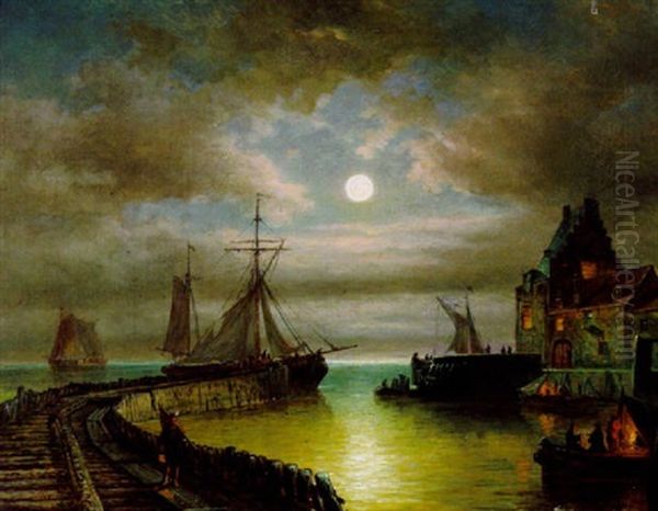 Mondnacht Uber Einem Hafen Oil Painting by Elias Pieter van Bommel