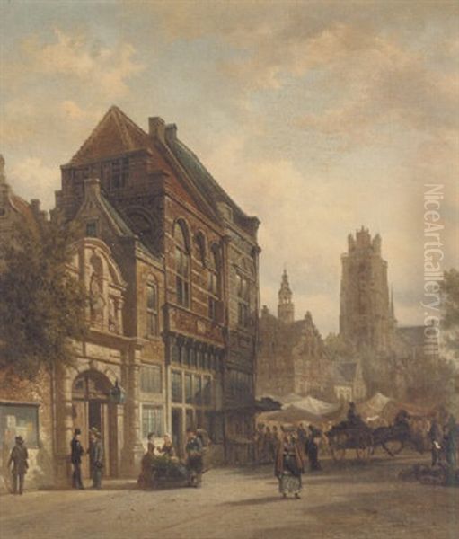 A Dutch Market Square Oil Painting by Elias Pieter van Bommel