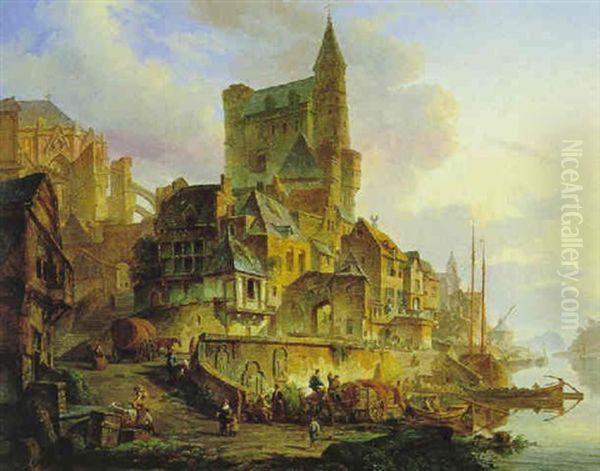 Ansicht Einer Stadt Mit Einer Gotischen Kathedrale Im Hintergrund Oil Painting by Elias Pieter van Bommel