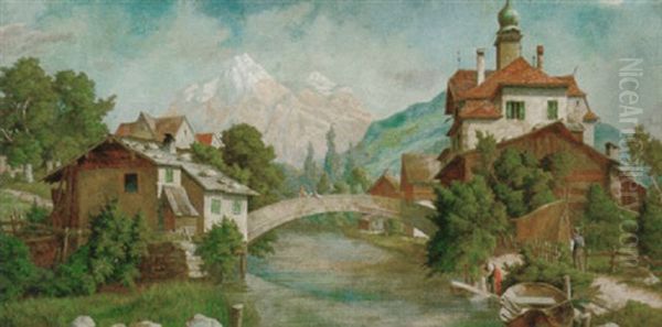 An Alpine River Landscape With Figures On A Bridge, A Woman Washing Clothes Before A Village Oil Painting by Elias Pieter van Bommel