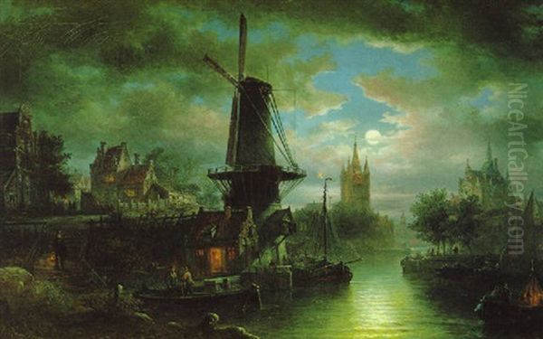 Blick Auf Den Hafen Von Delft Im Mondschein Oil Painting by Elias Pieter van Bommel