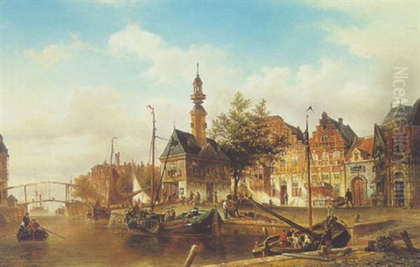 Canal Scene In Amsterdam Oil Painting by Elias Pieter van Bommel