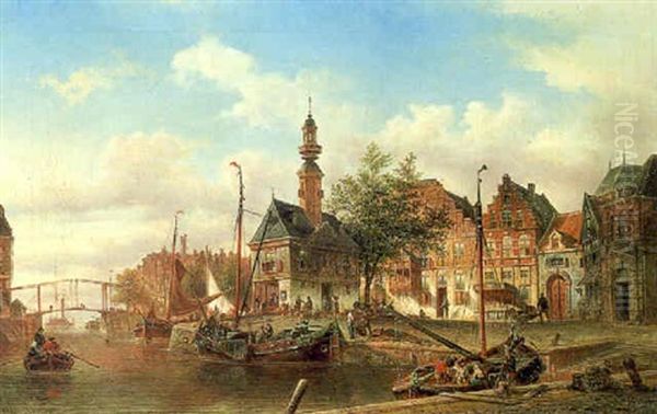 Stadt Und Wasseransicht Von Kampen, Holland Oil Painting by Elias Pieter van Bommel