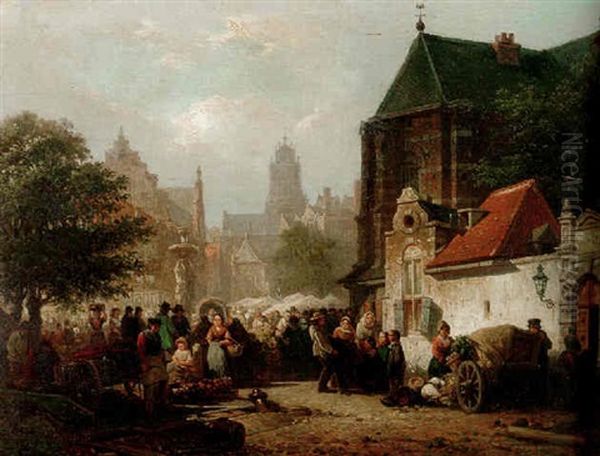 A Market Day On Zaltbommel Oil Painting by Elias Pieter van Bommel