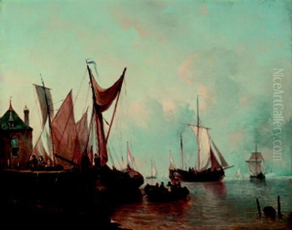 Heimkehrende Kustensegler Vor Einem Hollandischen Hafen. Abendstimmung Oil Painting by Elias Pieter van Bommel