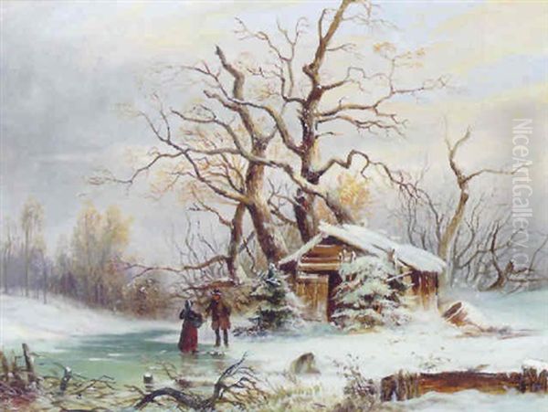 Figures In A Frozen Winter Landscape Oil Painting by Elias Pieter van Bommel