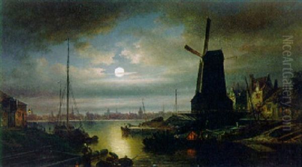 Mondschein Uber Hollandischem Hafen Oil Painting by Elias Pieter van Bommel