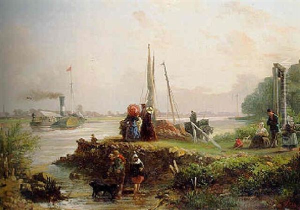 Travellers Waiting For A Ferry Oil Painting by Elias Pieter van Bommel