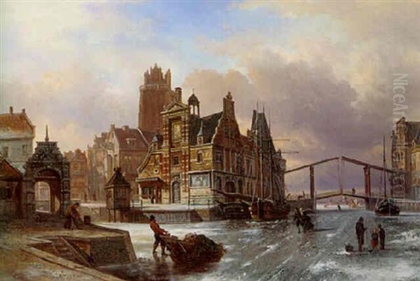 A View Of Dordrecht In Winter With Skaters On A Frozen Canal, The Groote Kerk Beyond Oil Painting by Elias Pieter van Bommel