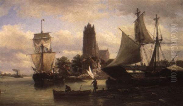 A View Of Dordrecht Harbor by Elias Pieter van Bommel