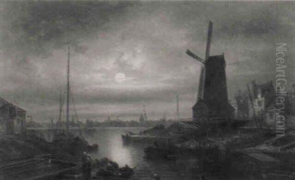 Hollandische Stadt Am Wasser Bei Mondlicht Oil Painting by Elias Pieter van Bommel