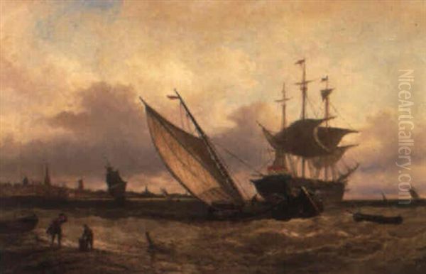 Dutch Vessels In A Breeze With The City Of Veere In The Distance Oil Painting by Elias Pieter van Bommel