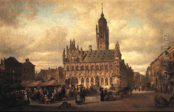 Market Place In Middleburg, Holland Oil Painting by Elias Pieter van Bommel