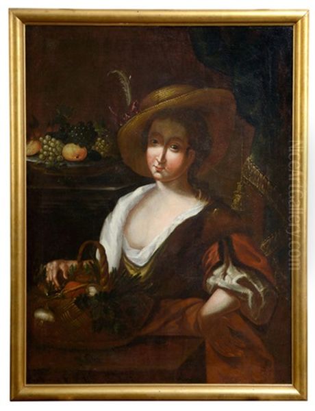 Junges Madchen Mit Obst Und Gemuse Als Allegorie Es Herbstes Oil Painting by Johann Baptist Bommer