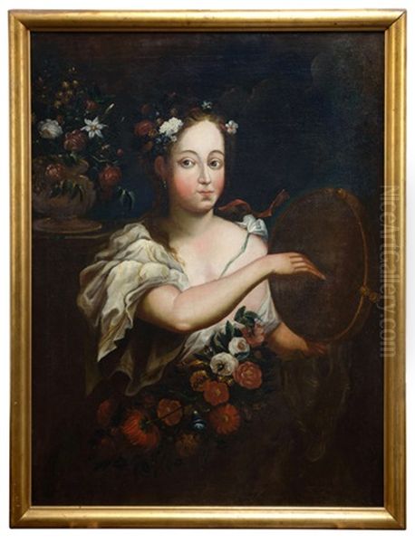 Junges Madchen Mit Blumen Und Tambourin Als Allegorie Des Fruhlings Oil Painting by Johann Baptist Bommer