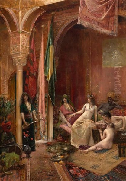 Dancers In An Oriental Interior Oil Painting by Maurice Bompard