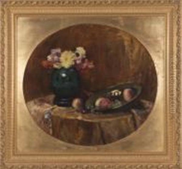 Nature Morte Aux Dahlias, Peches Et Raisins Oil Painting by Maurice Bompard