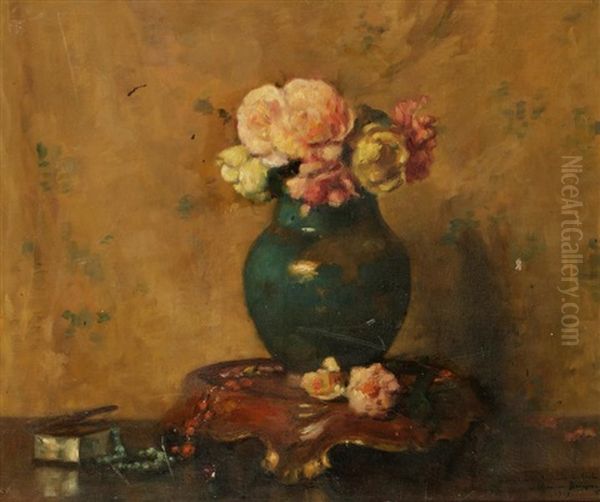 A Still Life Study Of Flowers In A Vase Beside A Jewellery Box Oil Painting by Maurice Bompard