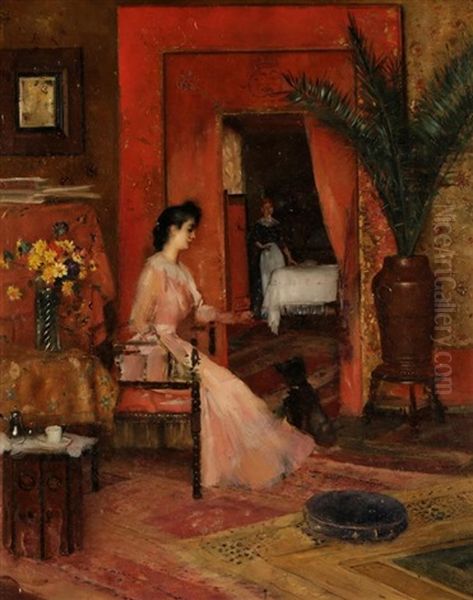 A Woman Seated In An Interior Oil Painting by Maurice Bompard