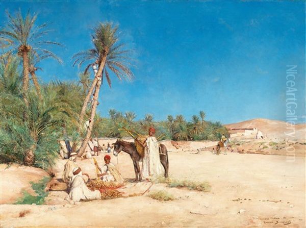 Harvesting Dates In The Oasis Of Chetma Oil Painting by Maurice Bompard