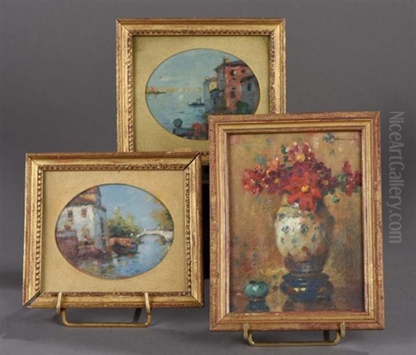 Vue De Venise Vue De Venise Vase De Fleurs (set Of 3) Oil Painting by Maurice Bompard