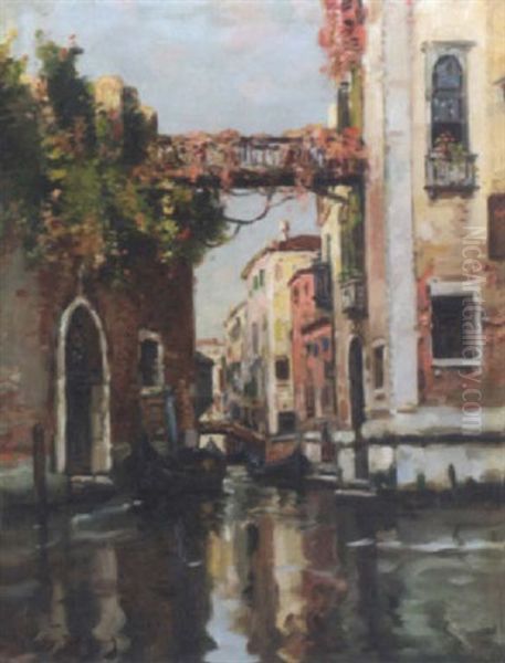 A Venetian Canal Oil Painting by Maurice Bompard