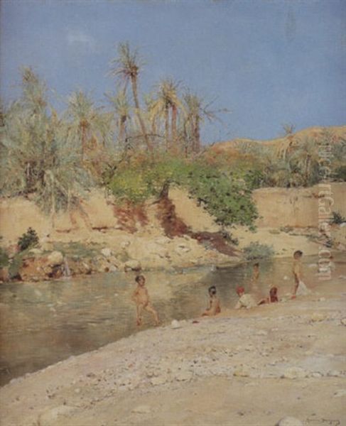 Bain Des Enfants Au Bord De L'oued Oil Painting by Maurice Bompard