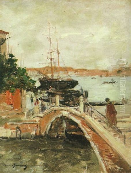 View Of A Port And Figures On A Foot-bridge Oil Painting by Maurice Bompard