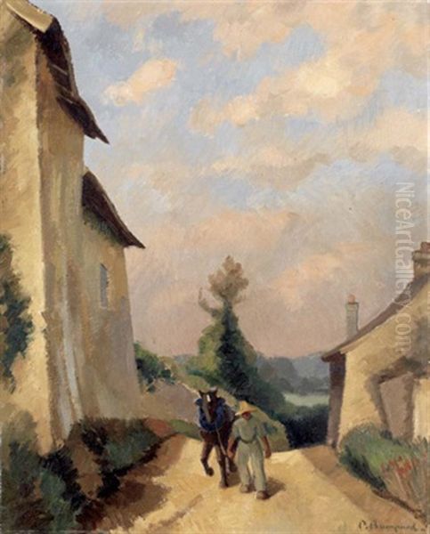 Paysan Et Son Cheval Dans Un Village Oil Painting by Pierre Bompard