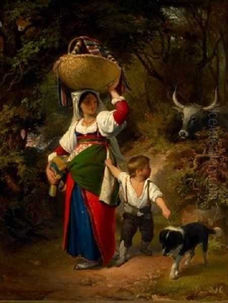 Italienerinde Med Dreng Og Hund I Landskab, I Baggrunden Okse Oil Painting by Augusto Bompiani